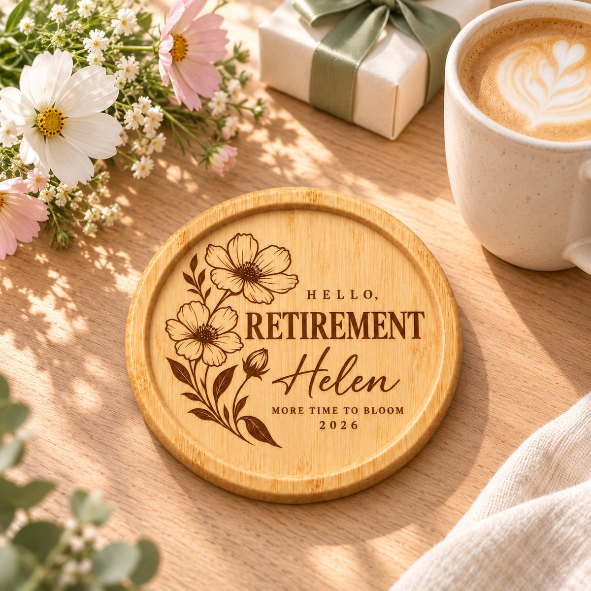 Floral retirement coaster engraved with Hello Retirement, Helen, More Time to Bloom and 2026