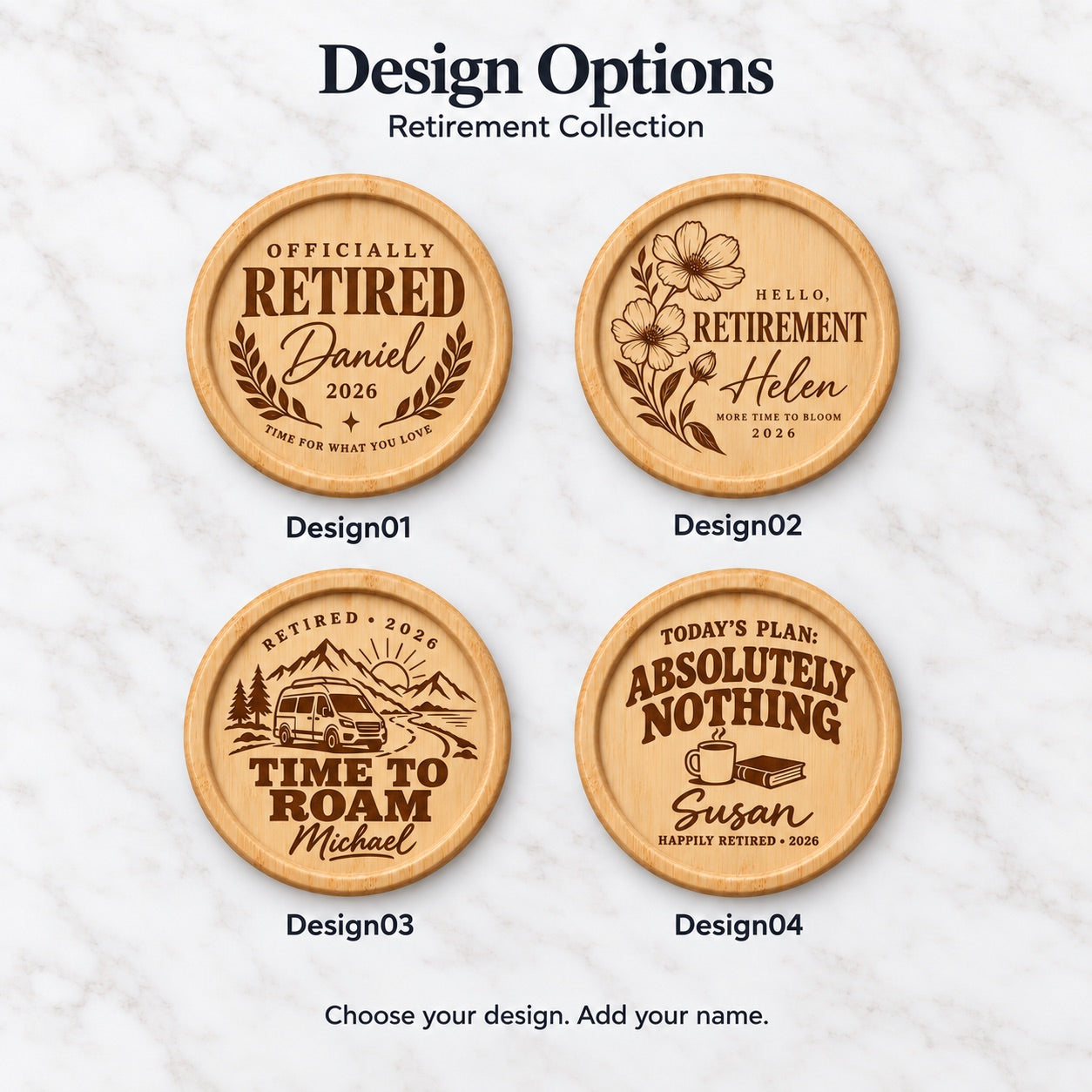 Four bamboo retirement coaster designs featuring personalised names, laurel branches, flowers, a campervan and a humorous coffee design