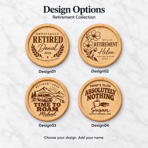 Four bamboo retirement coaster designs featuring personalised names, laurel branches, flowers, a campervan and a humorous coffee design