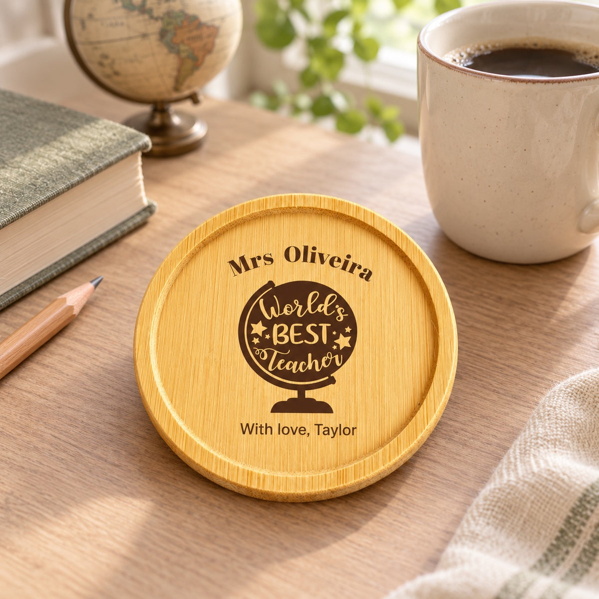 Personalised Teacher Coaster &amp; Desk Keepsake – Custom Text