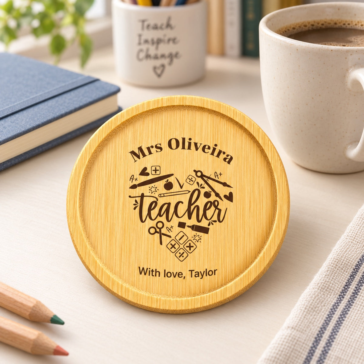 Personalised Teacher Coaster &amp; Desk Keepsake – Custom Text