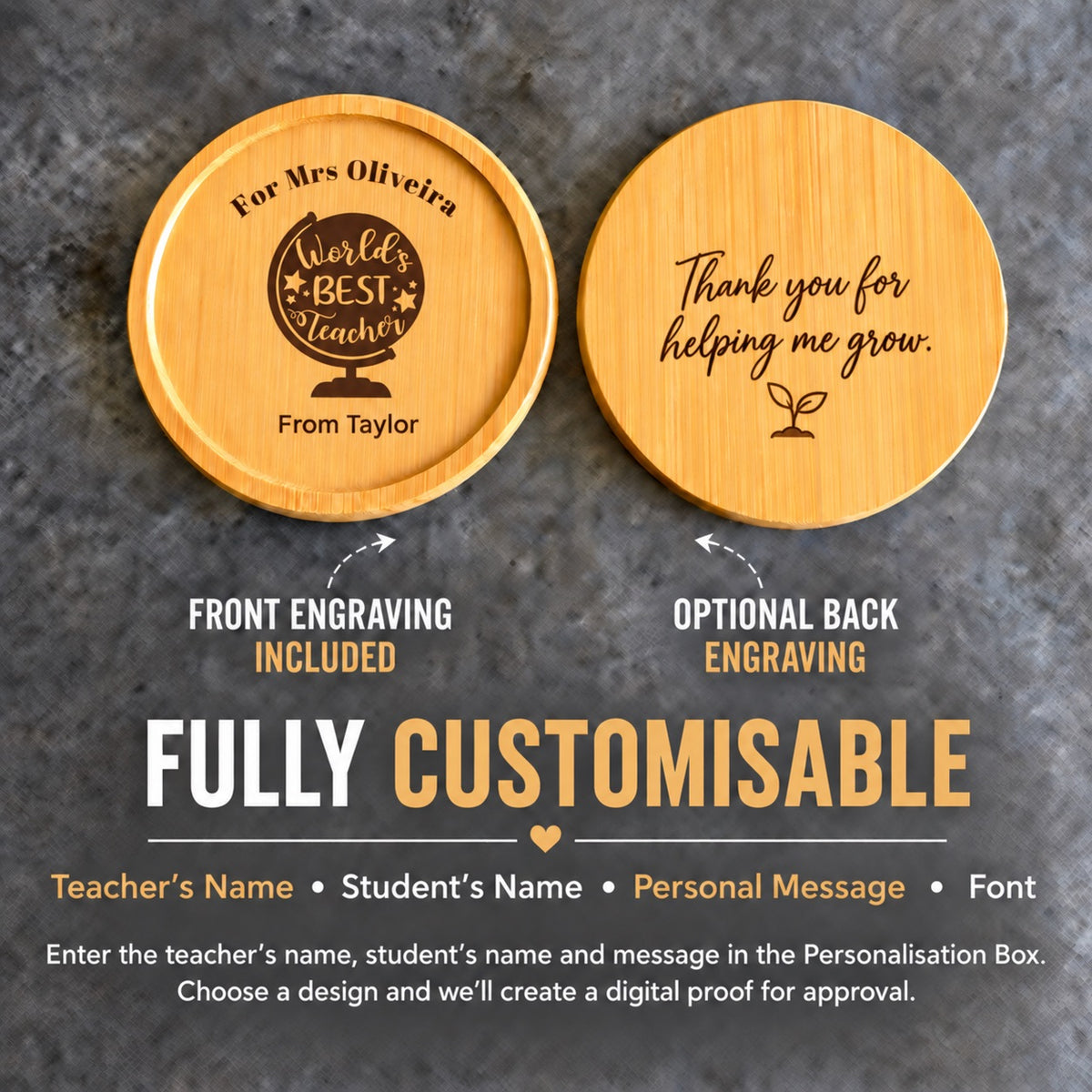 Personalised Teacher Coaster &amp; Desk Keepsake – Custom Text