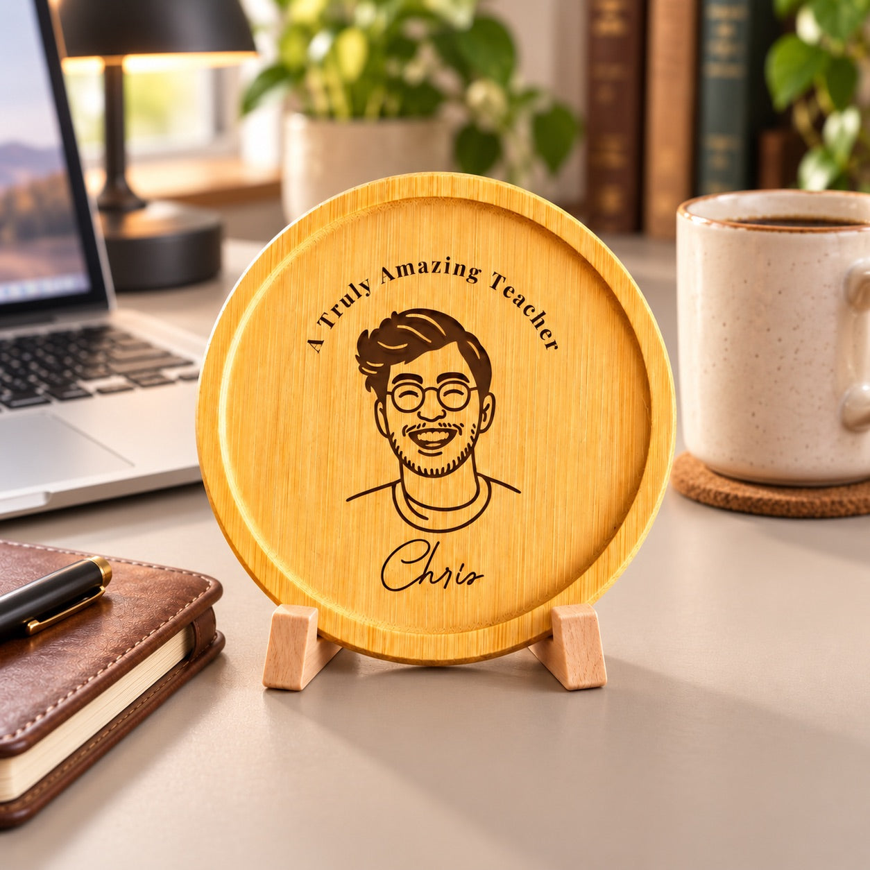 Personalised Teacher Portrait Coaster – Engraved from Your Photo