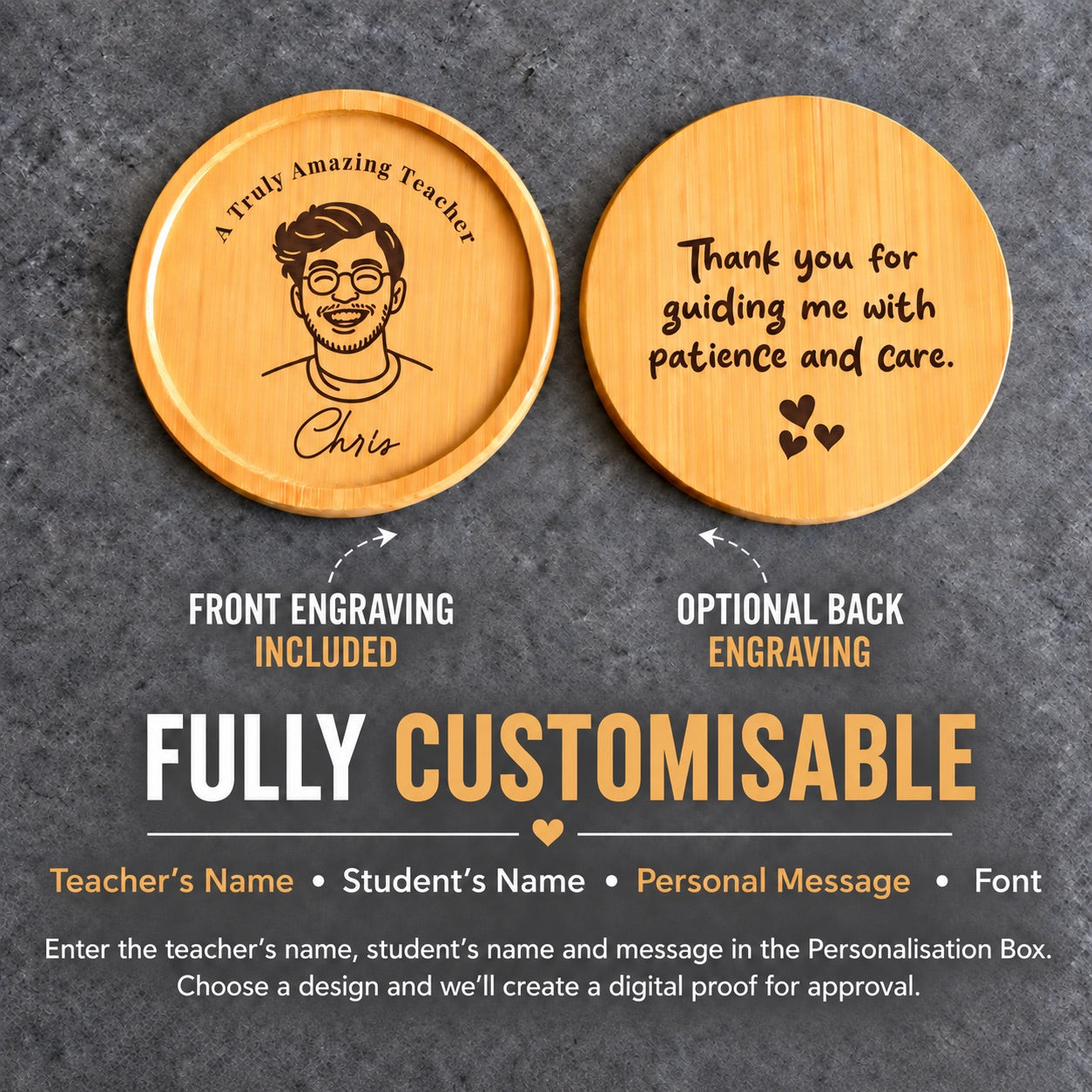 Personalised Teacher Portrait Coaster – Engraved from Your Photo