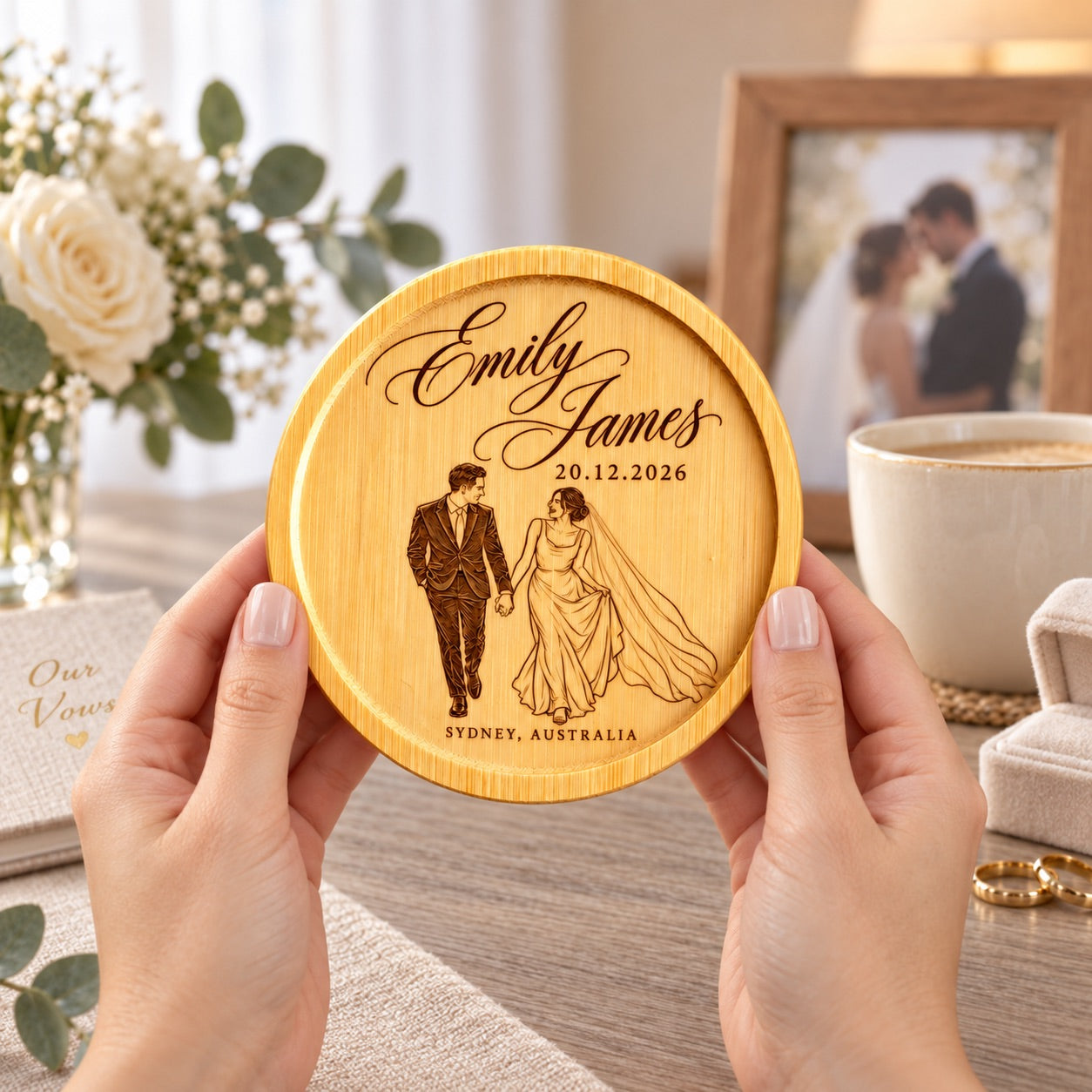 Wedding photo transformed into an engraved portrait coaster