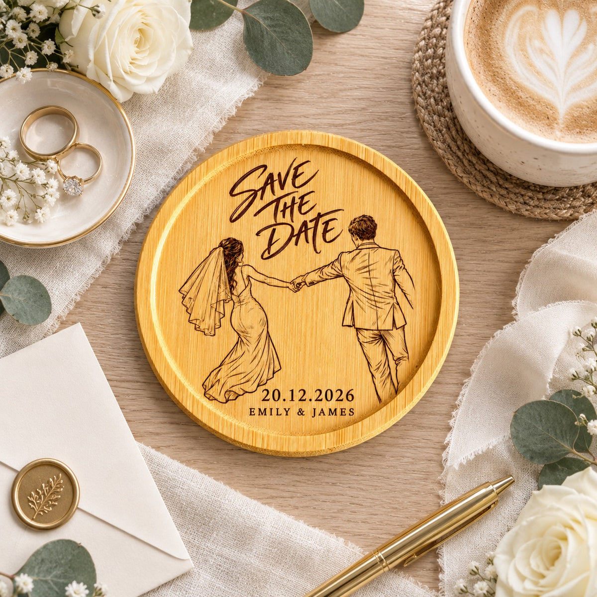 Personalised wedding portrait coaster created from a couple photo