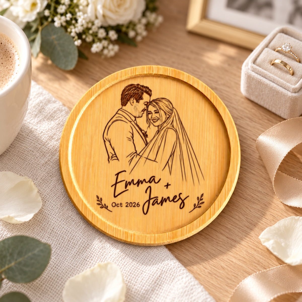 Wedding coaster personalised with couple names, date and location