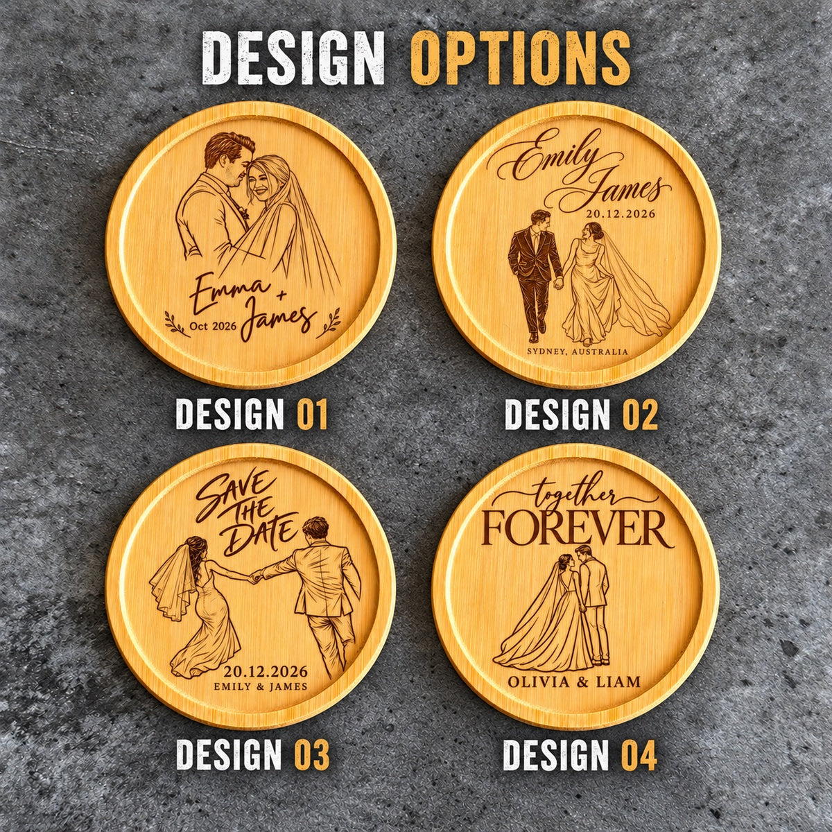 Four personalised wedding portrait coaster design options