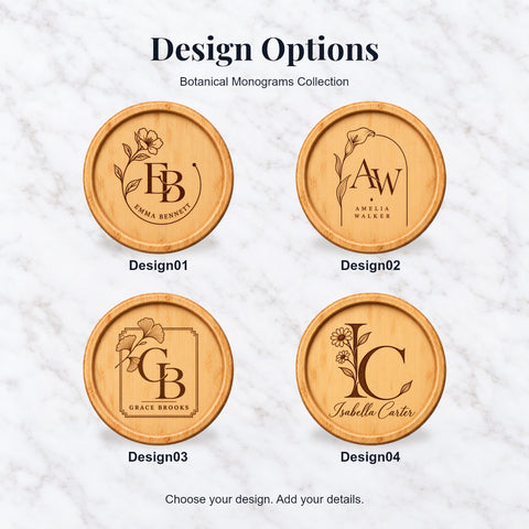 Four botanical monogram coaster options with flower, lily, ginkgo and daisy designs