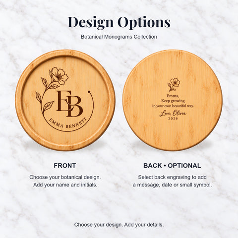 Back of a wooden coaster engraved with a personal thank-you message