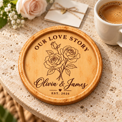 1. Personalised wooden coaster engraved with a circular Love design, names, a date and a small heart.