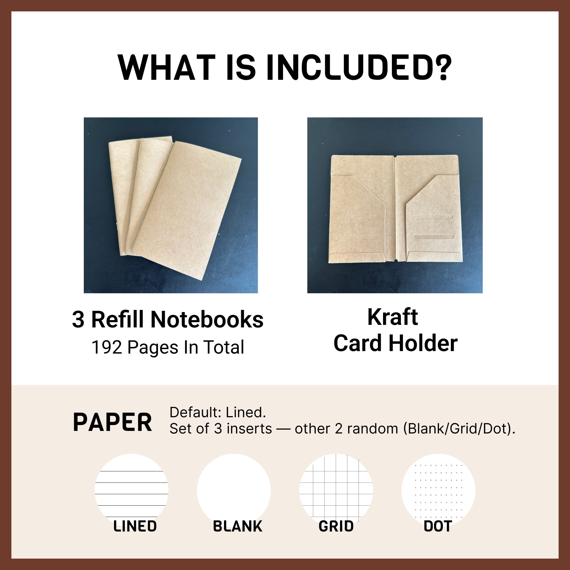 three different types of notebooks and a card holder, along with their respective contents.