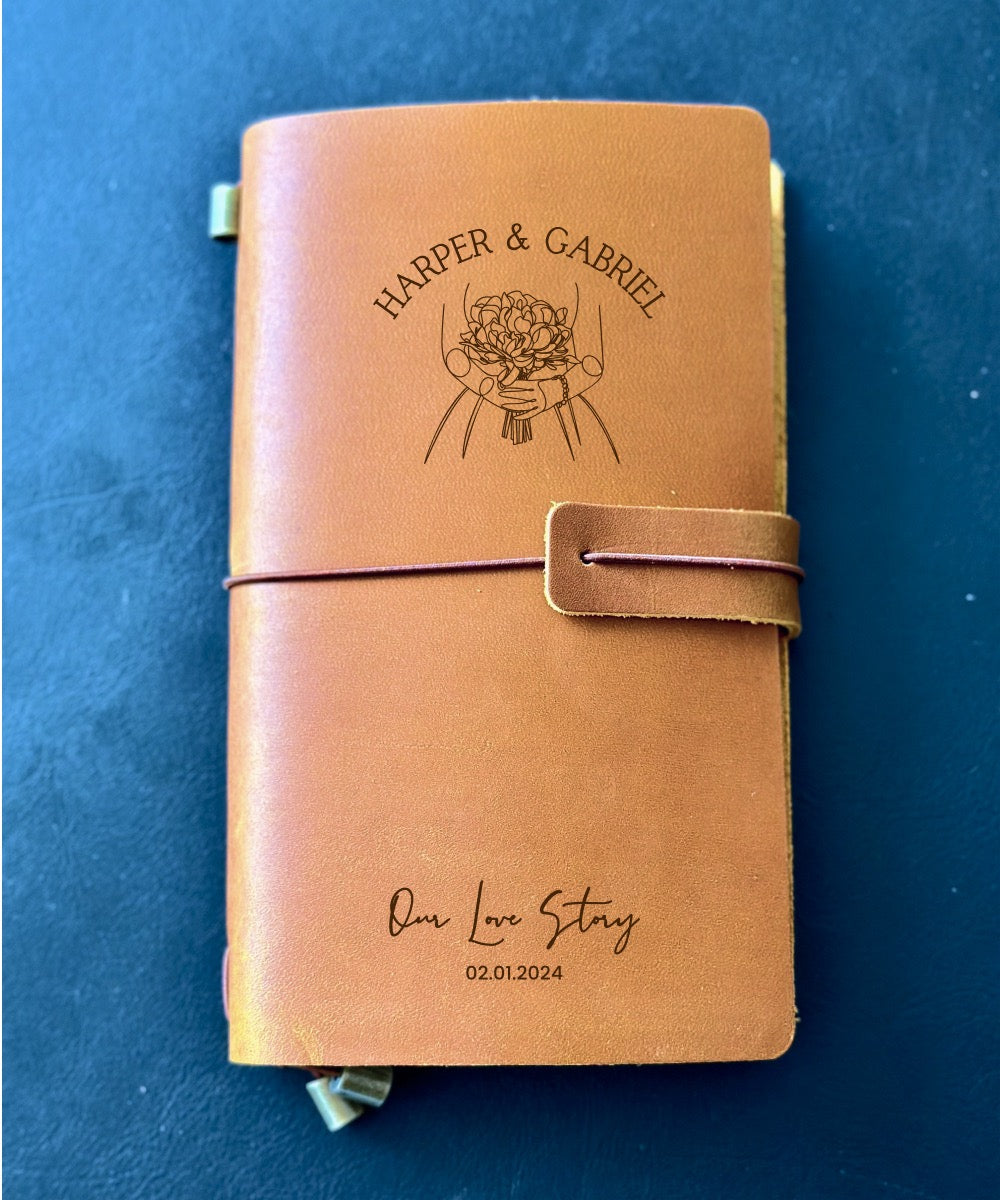 Bespoke leather journal designed as a unique wedding gift.