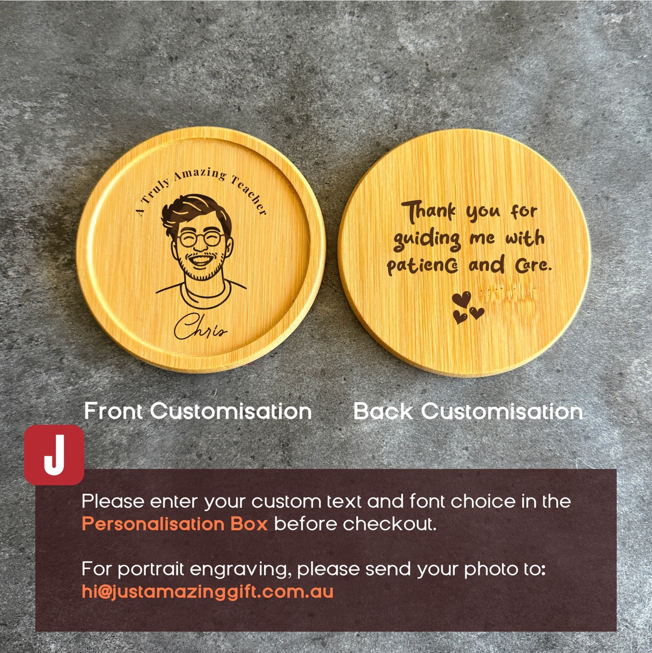 two wooden coasters with personalized messages engraved on them.