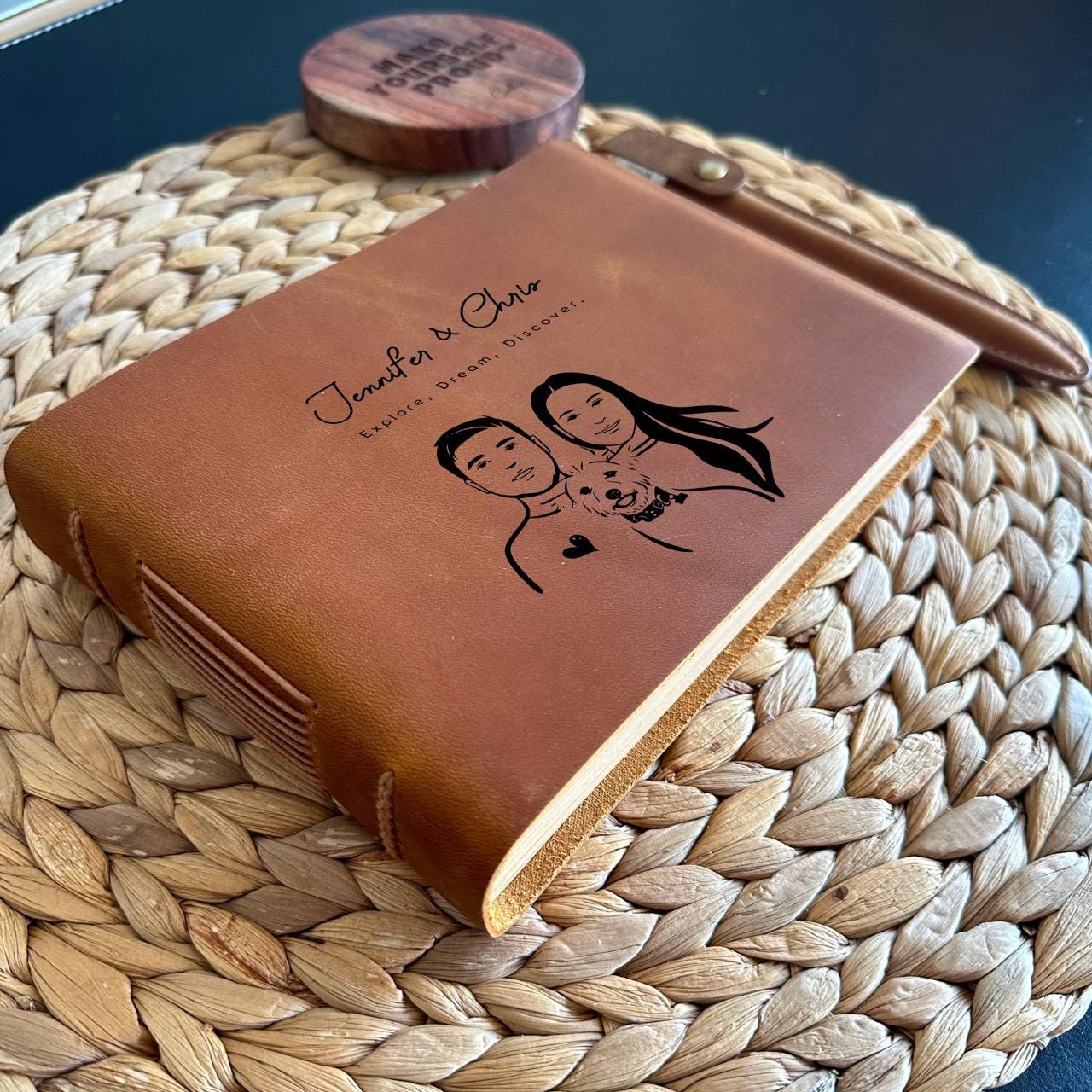 Handmade Leather Journal with Custom Pet Portrait, Dog Remembrance Gift