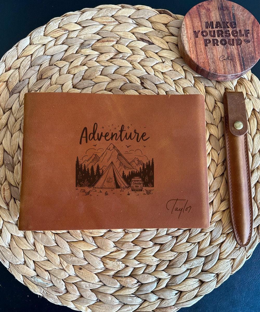 Engraved leather travel journal, an ideal going-away gift for friends or family moving abroad. Personalized Crazy Horse leather notebook perfect for recording new experiences