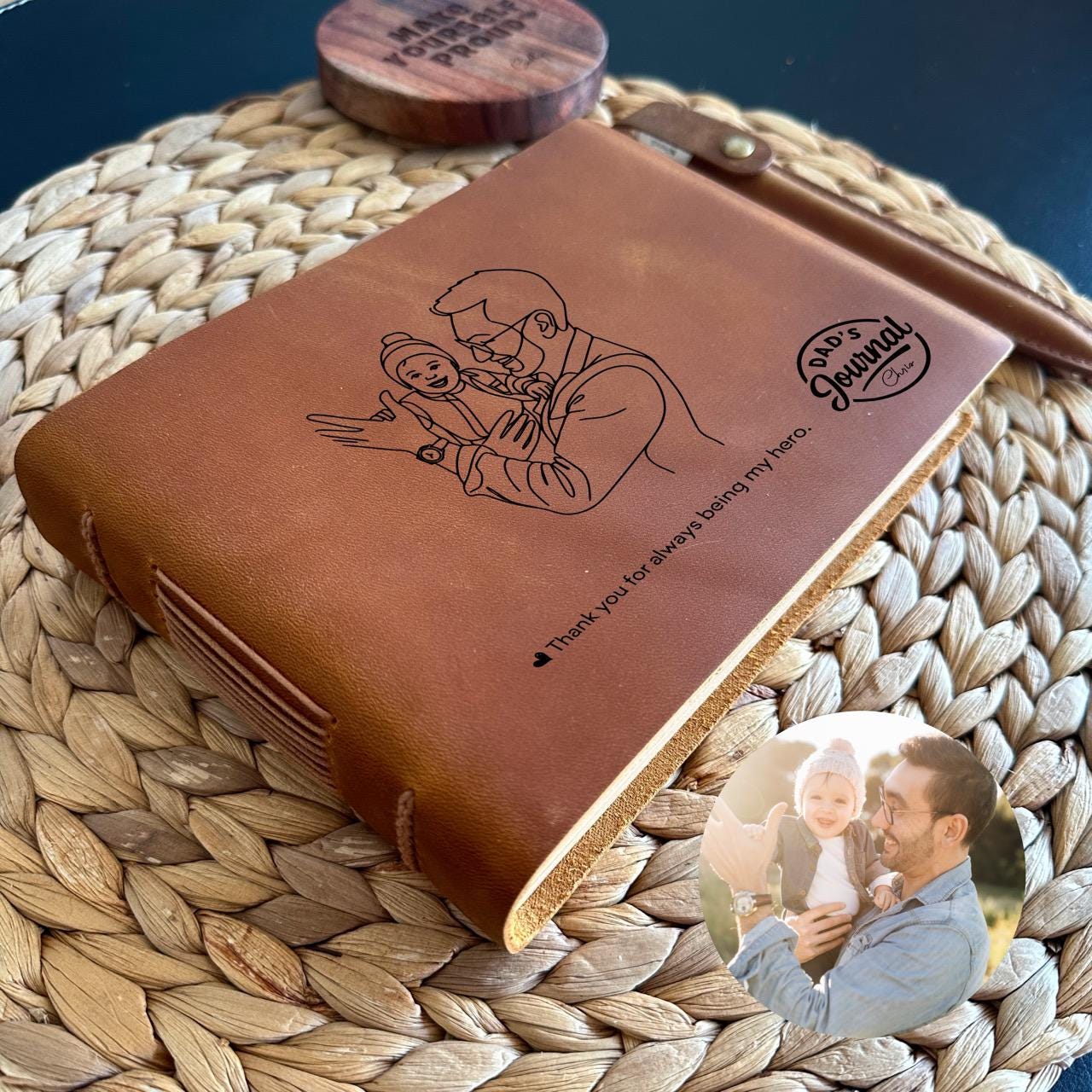 personalised leather journal with dad & baby portrait engraving