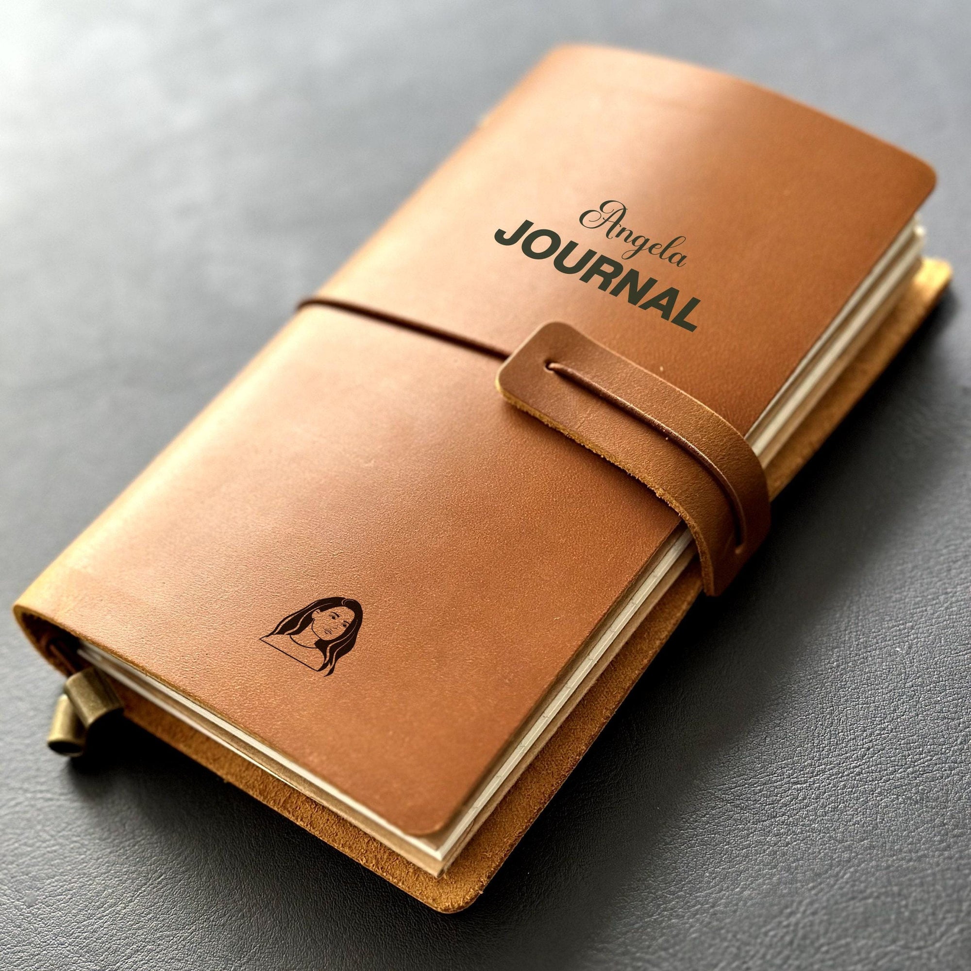 Handmade refillable leather journal with engraved portrait and name design