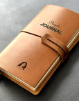Handmade refillable leather journal with engraved portrait and name design