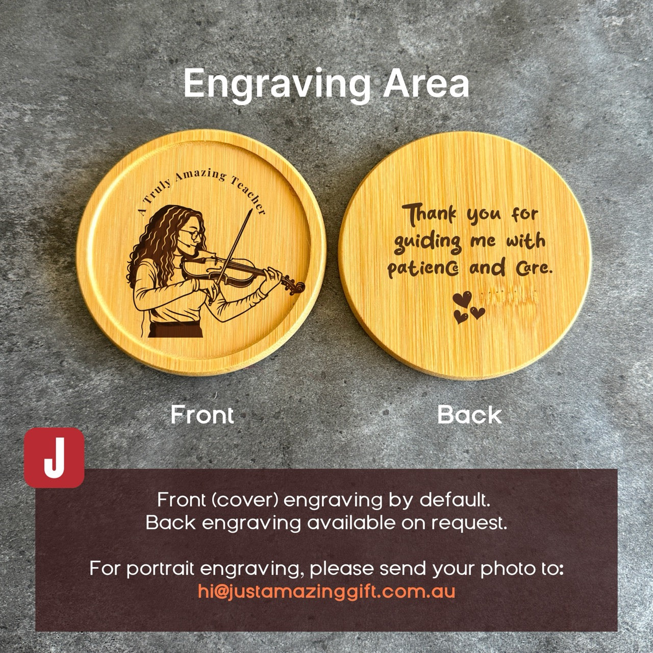 two wooden coasters with engraved text and a small image of a person playing a violin. The text on the coasters reads "Thank you for guiding me with patience and care." The coasters are placed on a gray surface, and there is a text box with instructions for engraving the coasters.