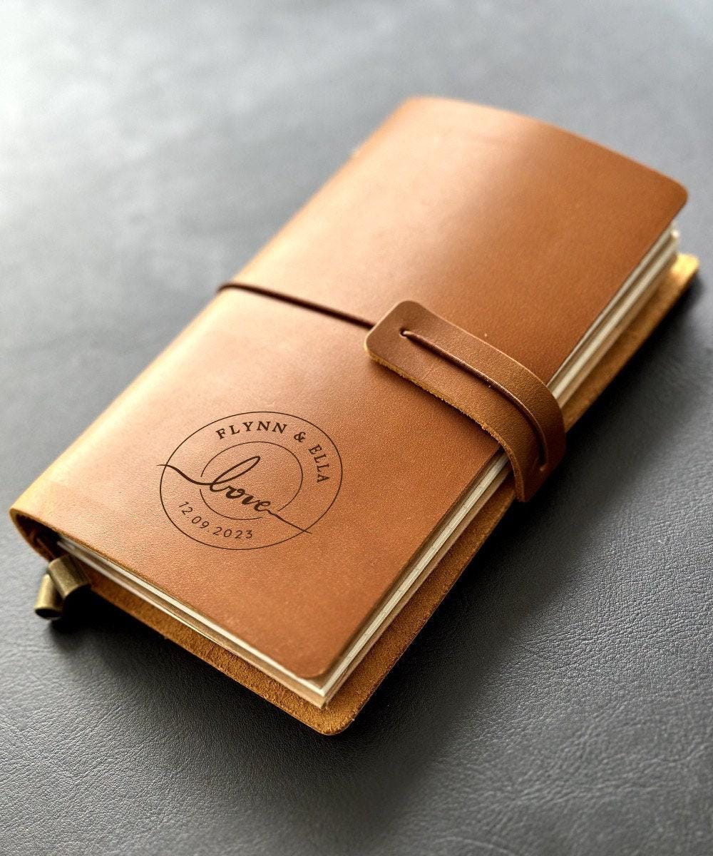 Handmade refillable leather wedding journal with engraved love circle design