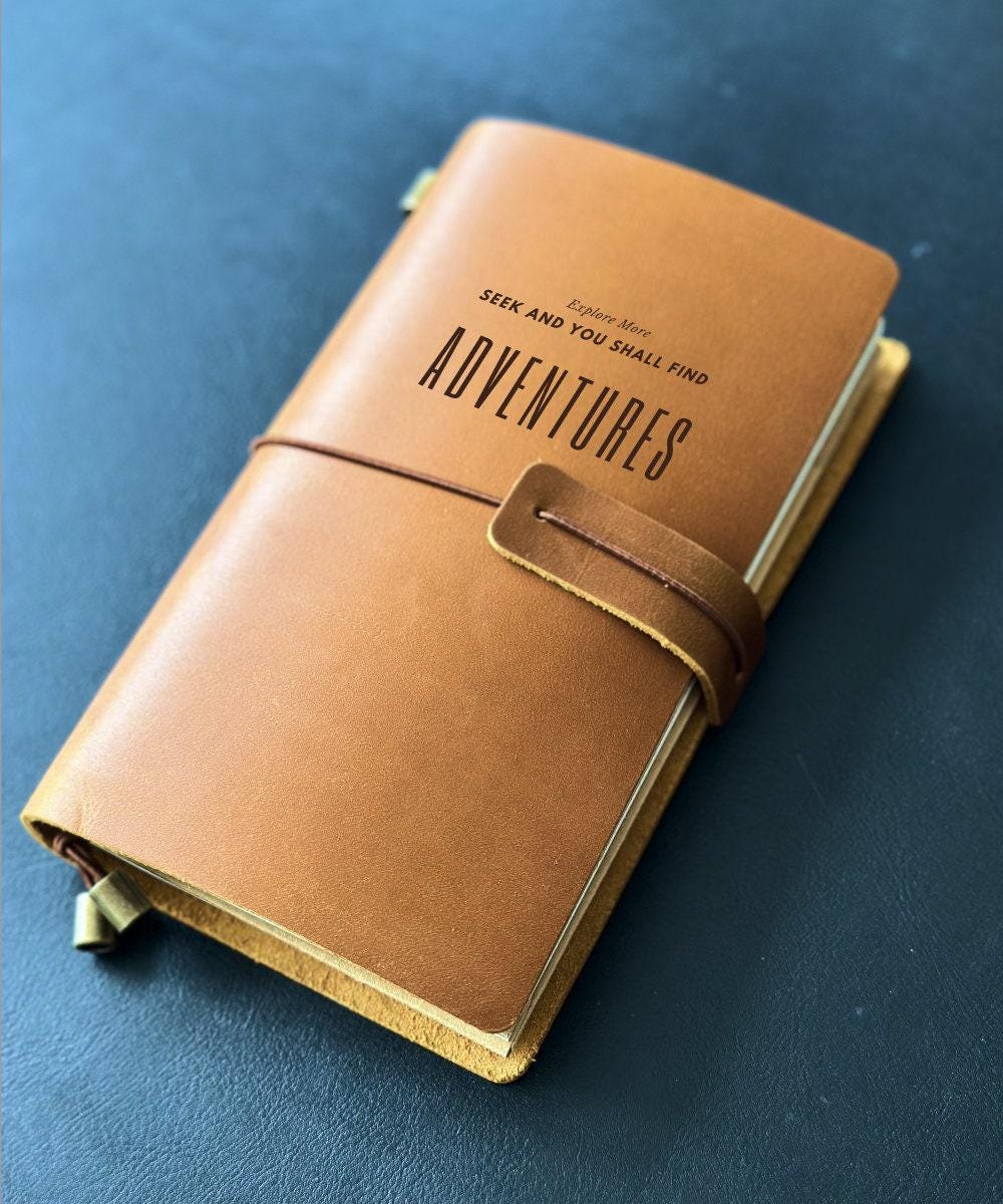 Engraved refillable adventures journal gift for travellers
