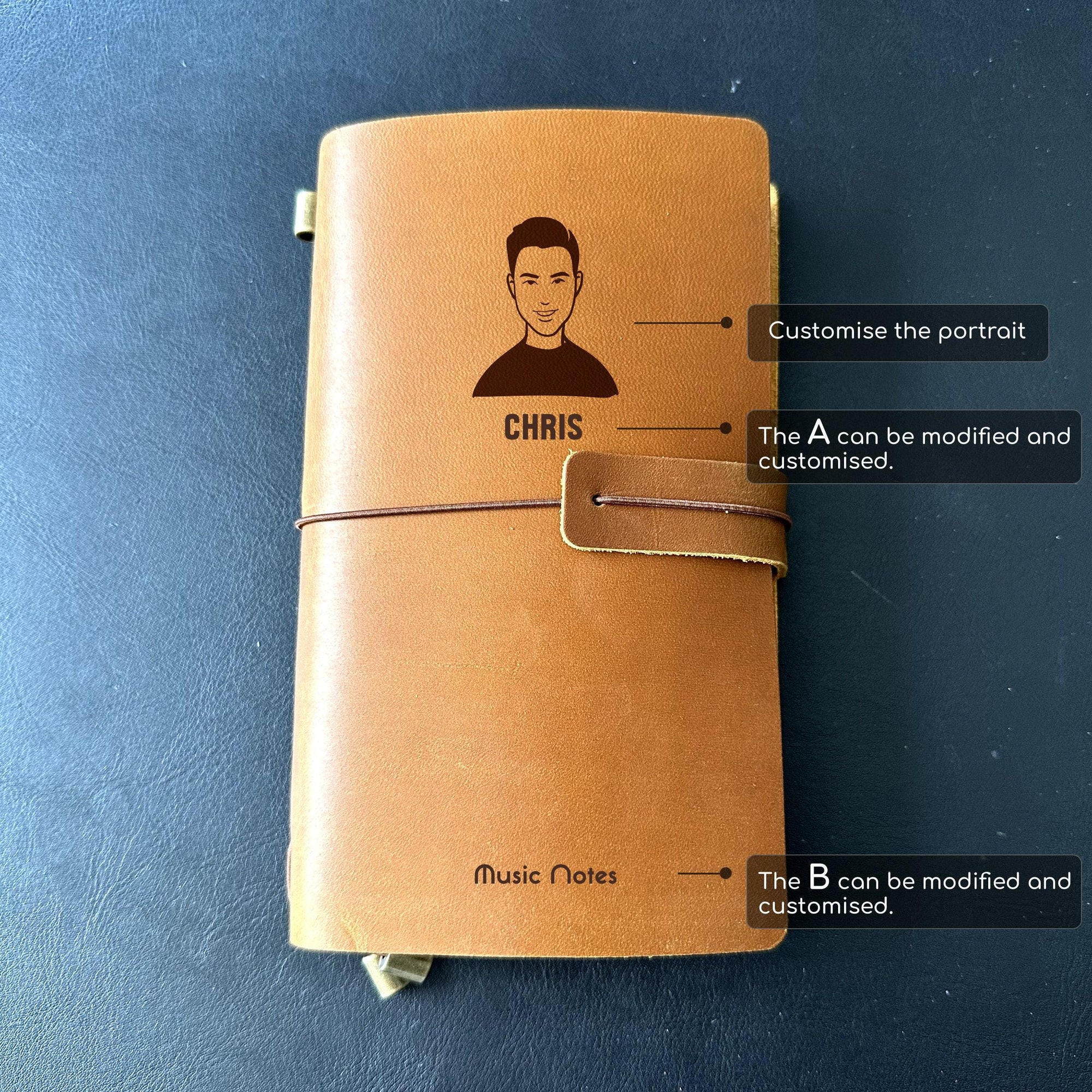 Custom music notes leather diary with name engraving