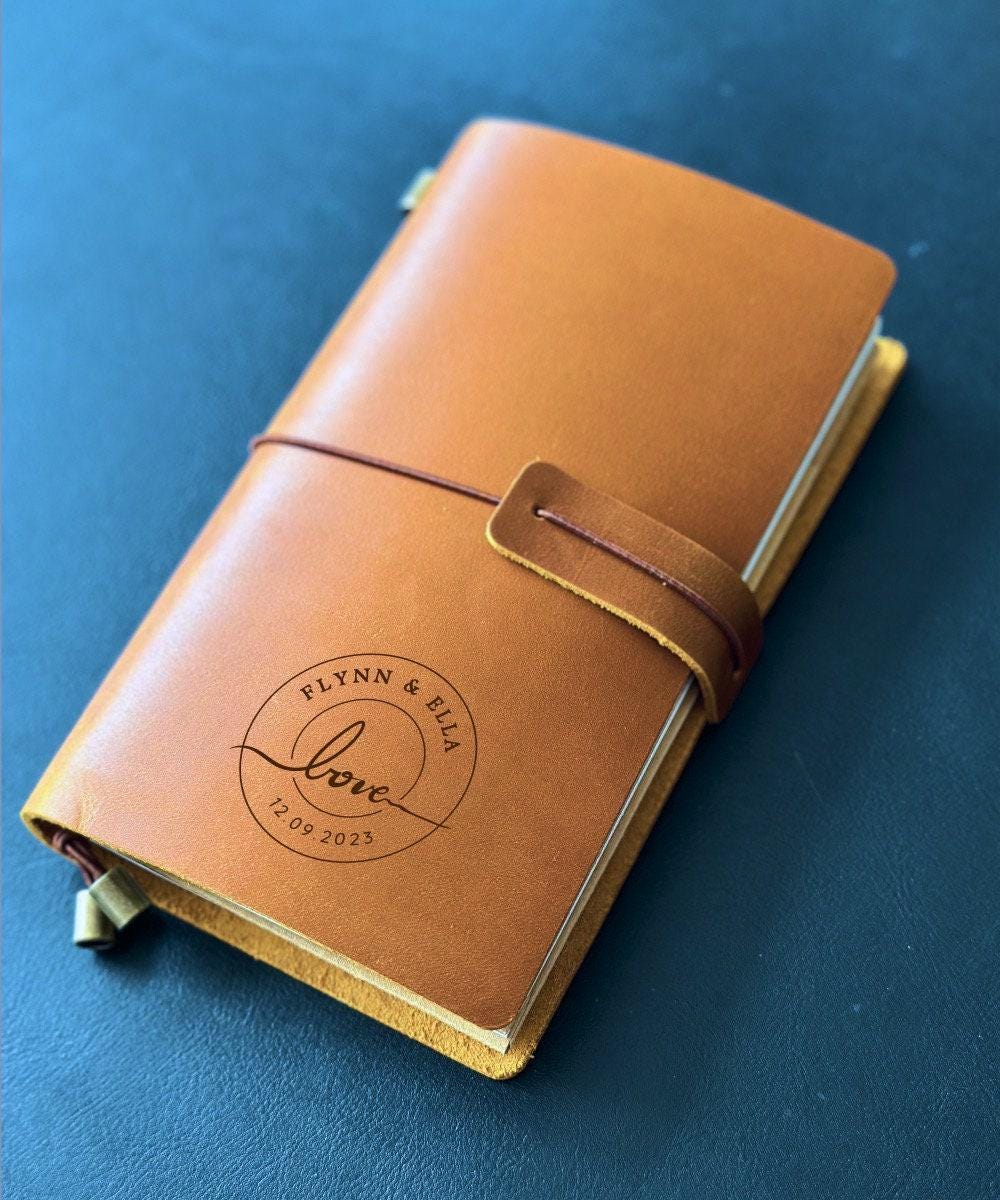 Personalised crazy horse leather notebook with couple names and date