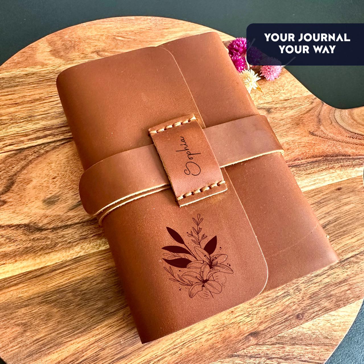 Personalised refillable leather journal with floral engraving and name strap