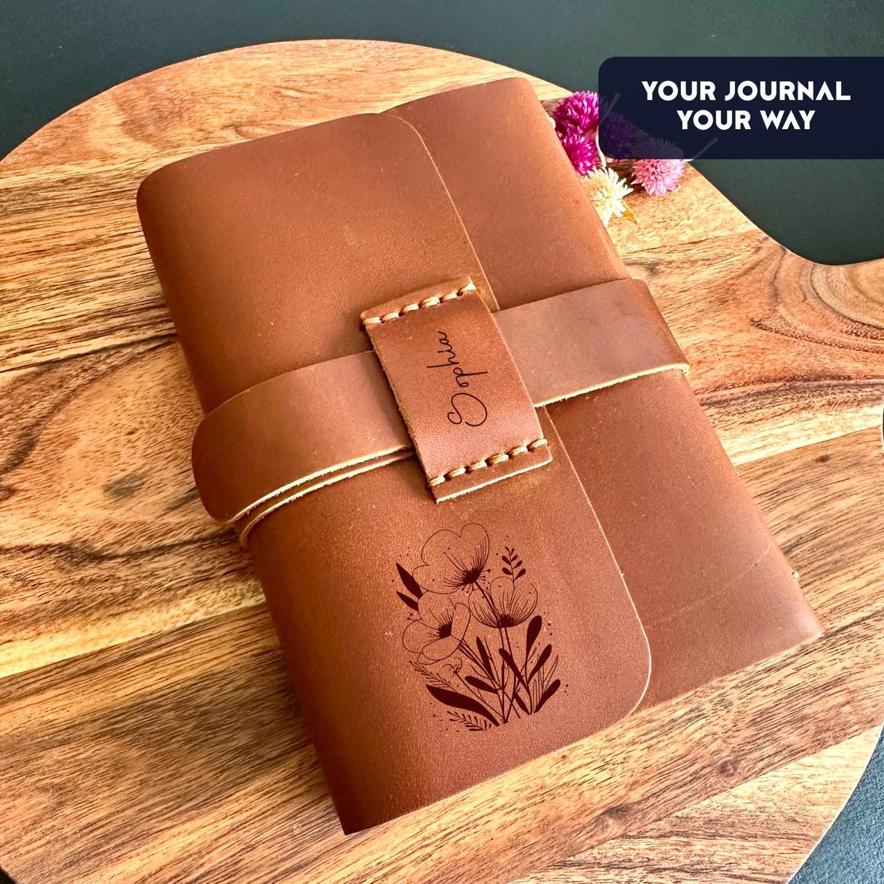 Custom engraved leather journal gift with floral design