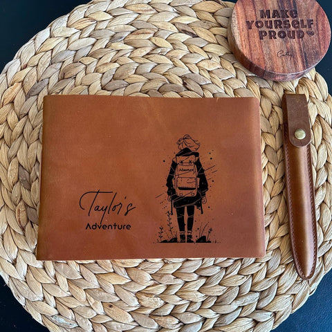 Outdoor travel diary gift engraved with backpacker illustration