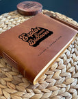 Handmade leather journal with engraved “Explore Dream Discover” inspirational design
