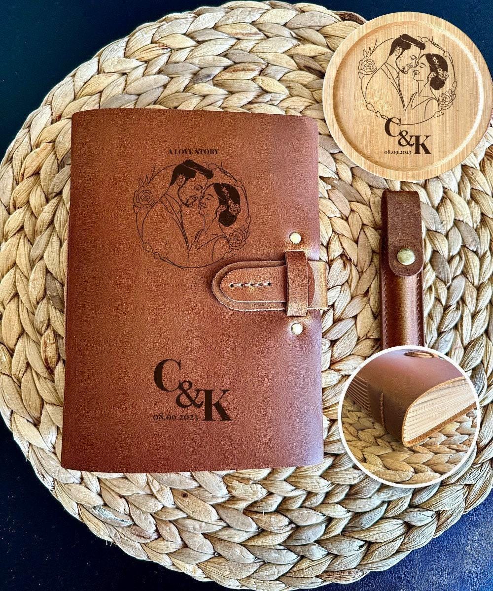 A Love Story engraved leather wedding gift notebook