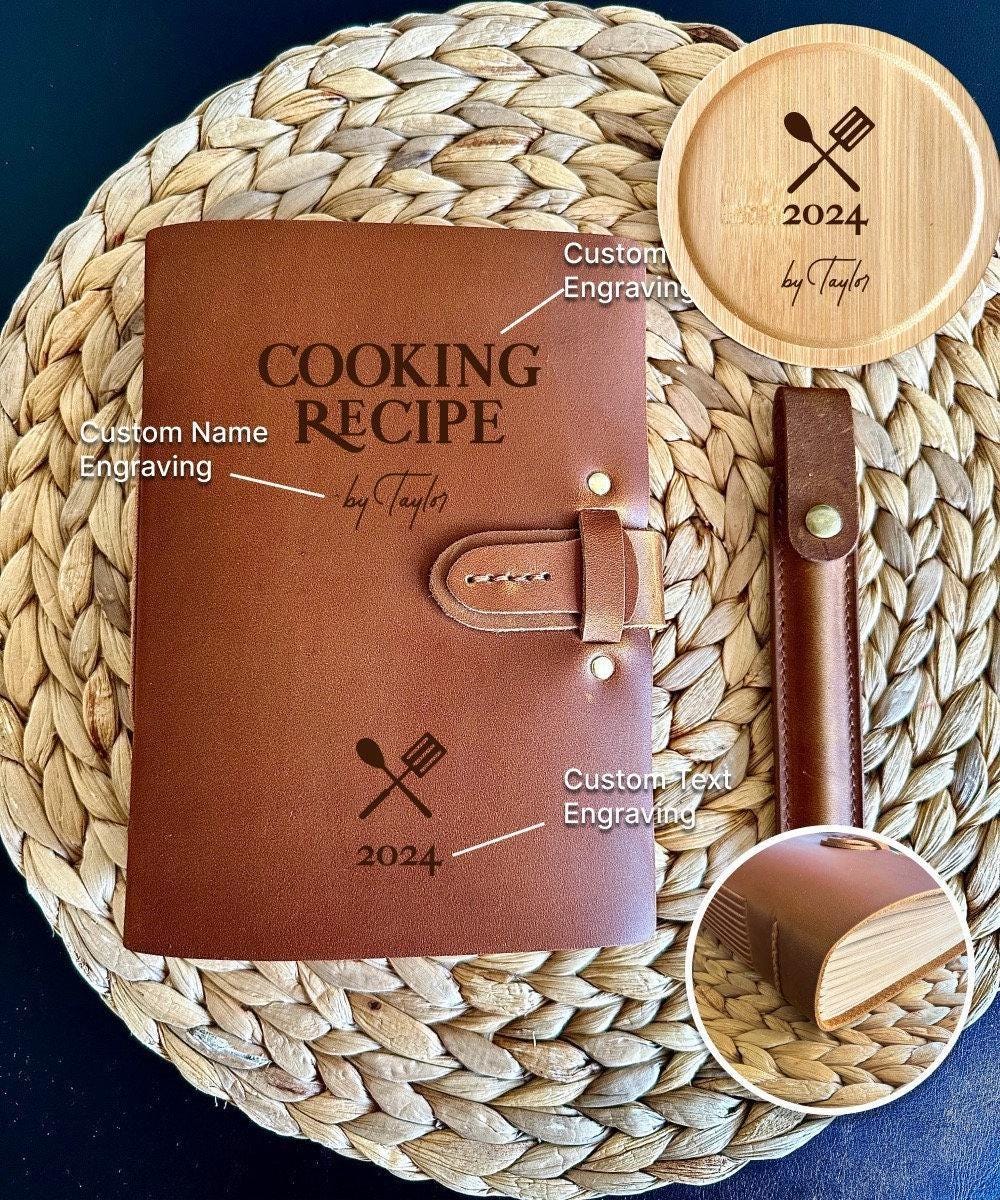 Handmade leather cookbook with engraving