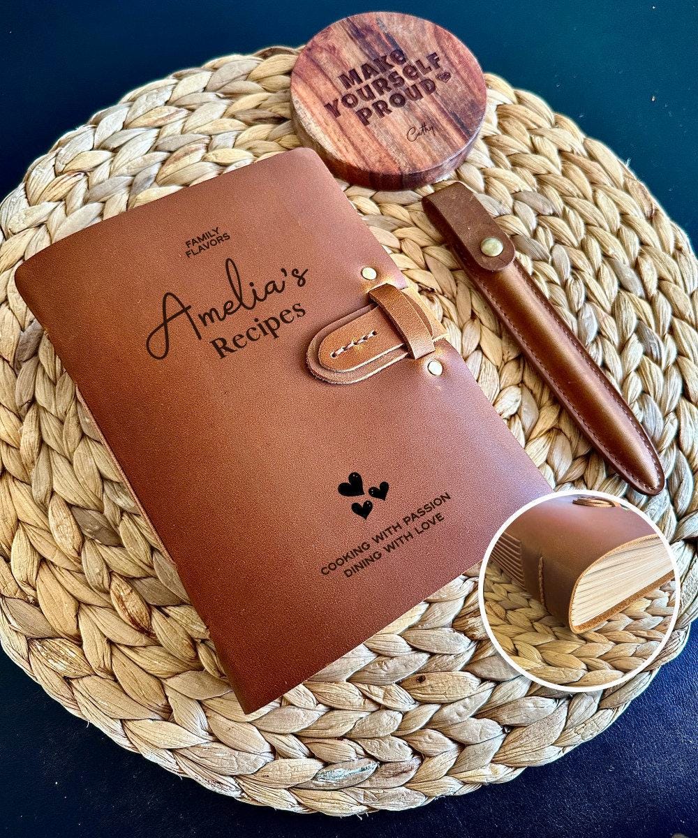 Personalised leather recipe book engraved with Amelia’s Recipes