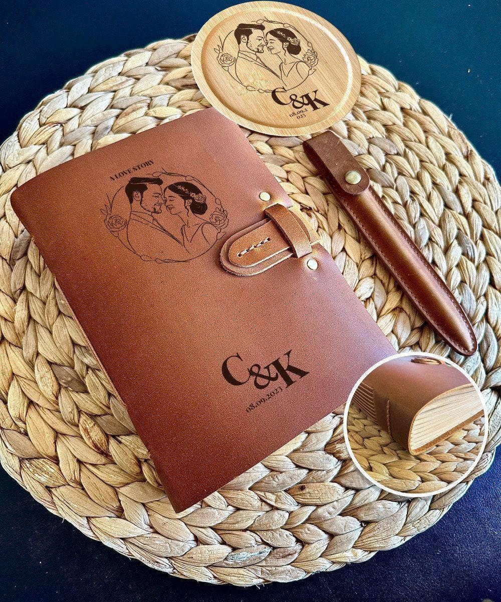 Personalised couple leather journal with engraved portrait