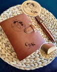 Personalised couple leather journal with engraved portrait