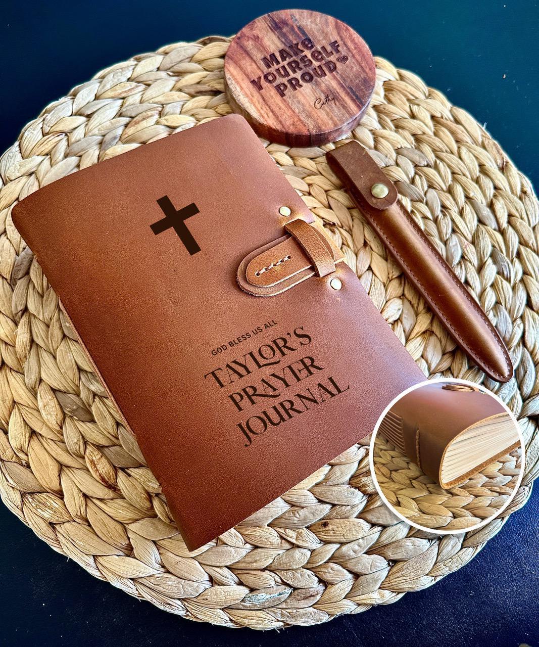 Personalised leather prayer journal with cross engraving