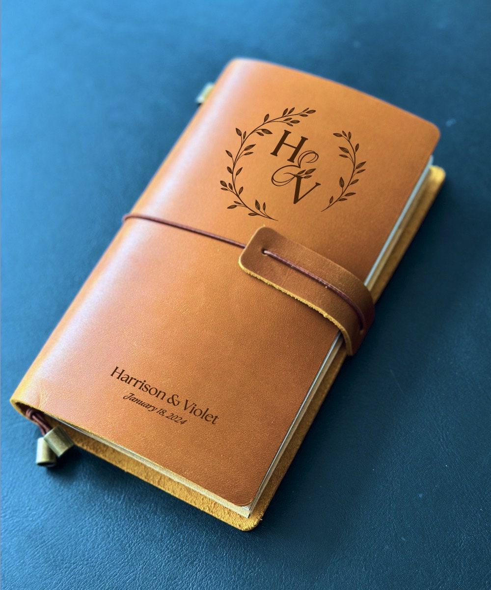 Personalised crazy horse leather couple notebook with engraved names and date
