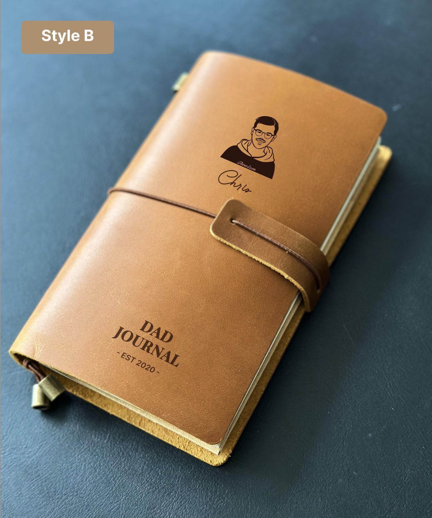 Refillable leather notebook for dads with name and portrait engraving