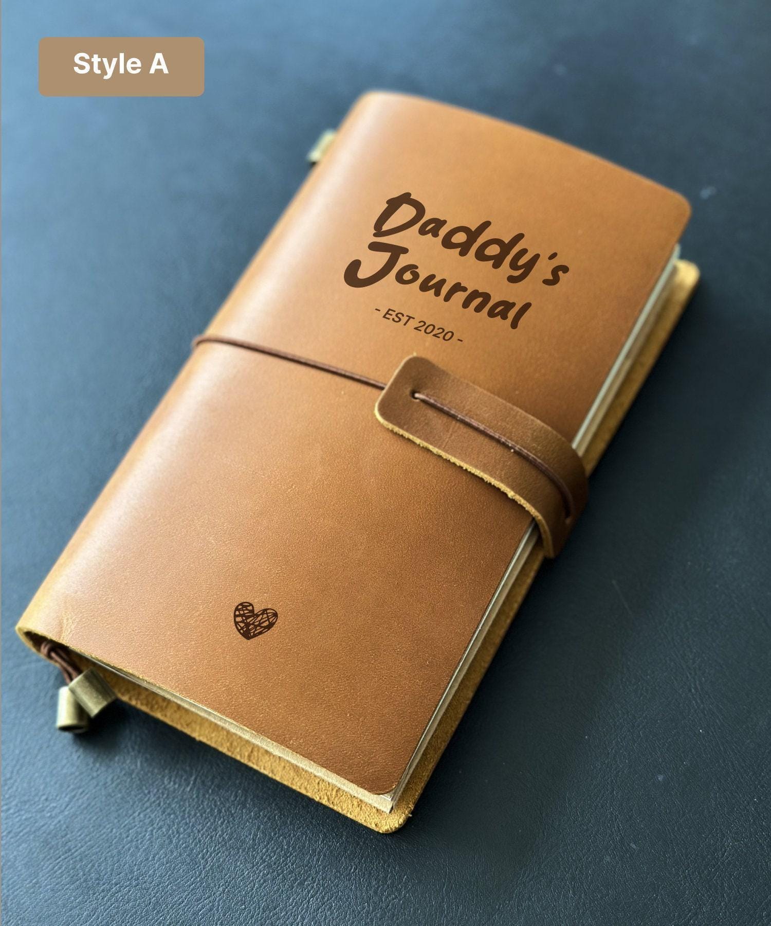 Handmade refillable Daddy’s Journal with engraved heart design