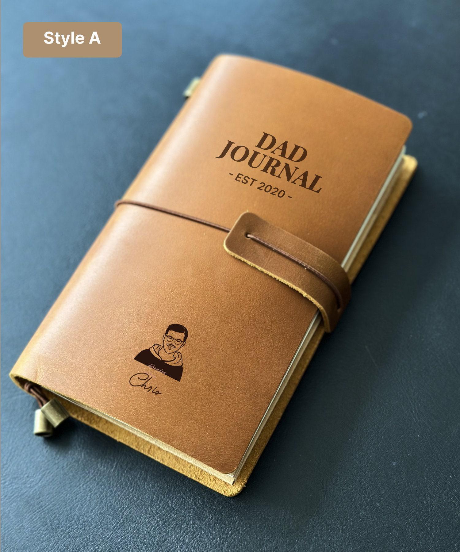 Handmade refillable leather Dad Journal with engraved portrait design