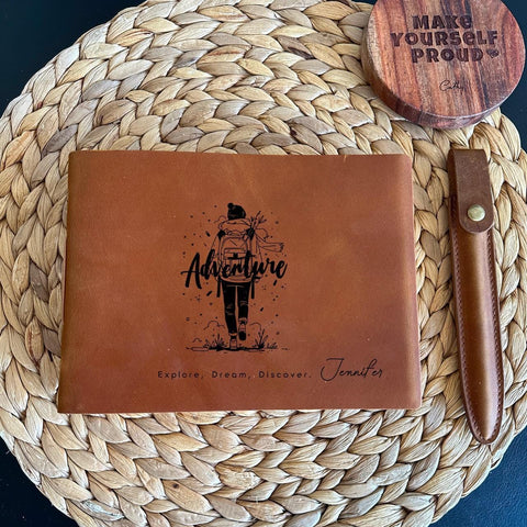 Personalised brown leather travel diary for hikers and explorers