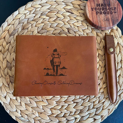 Customisable adventure leather journal with motivational quote
