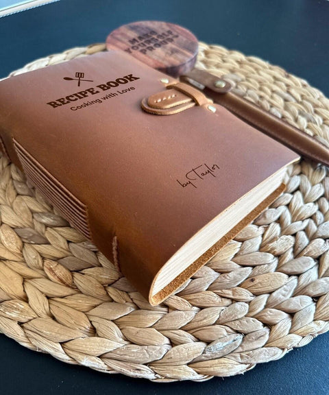 Handmade leather cookbook engraved with name