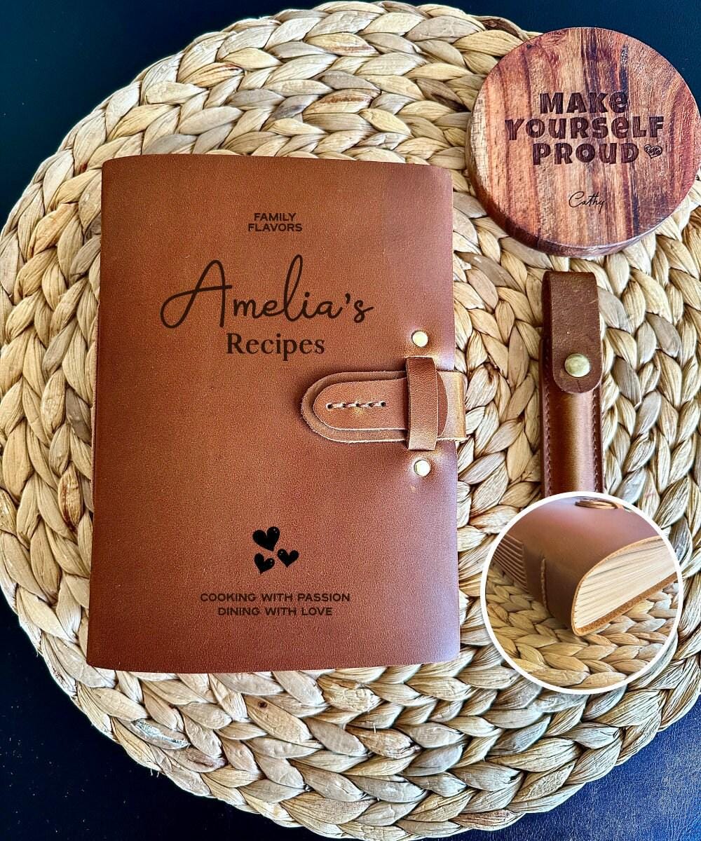 Custom kitchen gift brown leather recipe journal