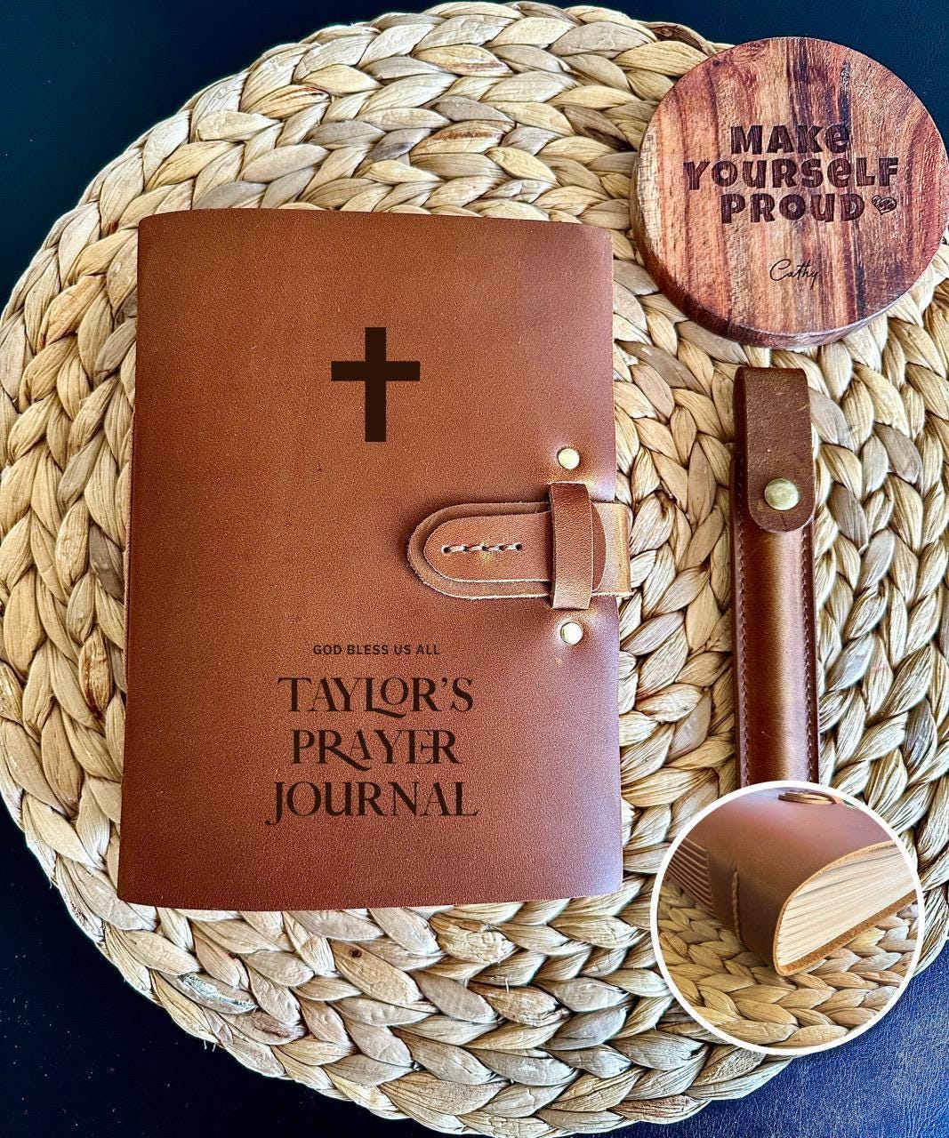 Handmade brown leather prayer journal