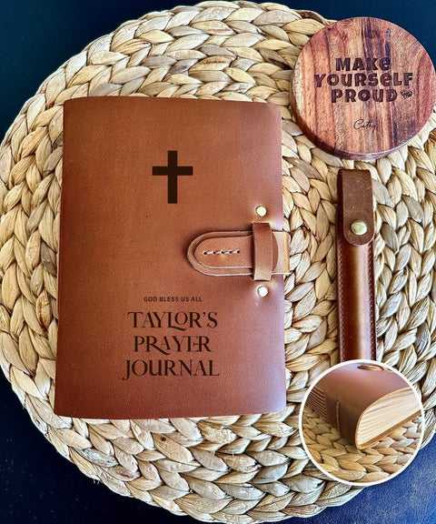 Handmade brown leather prayer journal