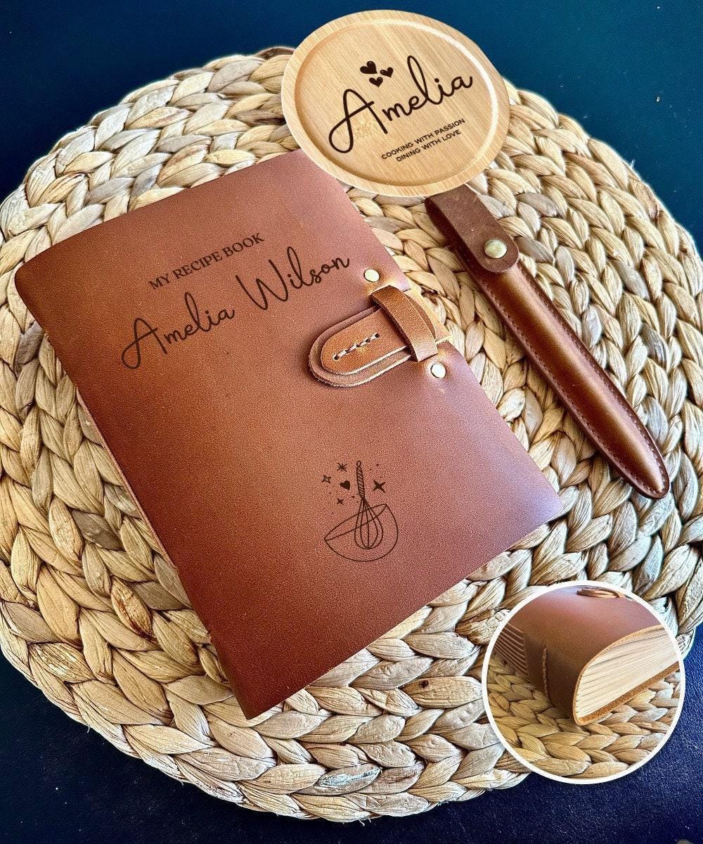 Personalised leather recipe book with engraved name