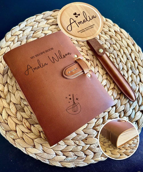 Personalised leather recipe book with engraved name